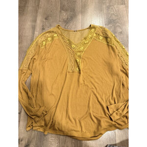 Free People Lola Top M Mustard Lace Trimmed V Neck Long Sleeve Thermal Shirt Top